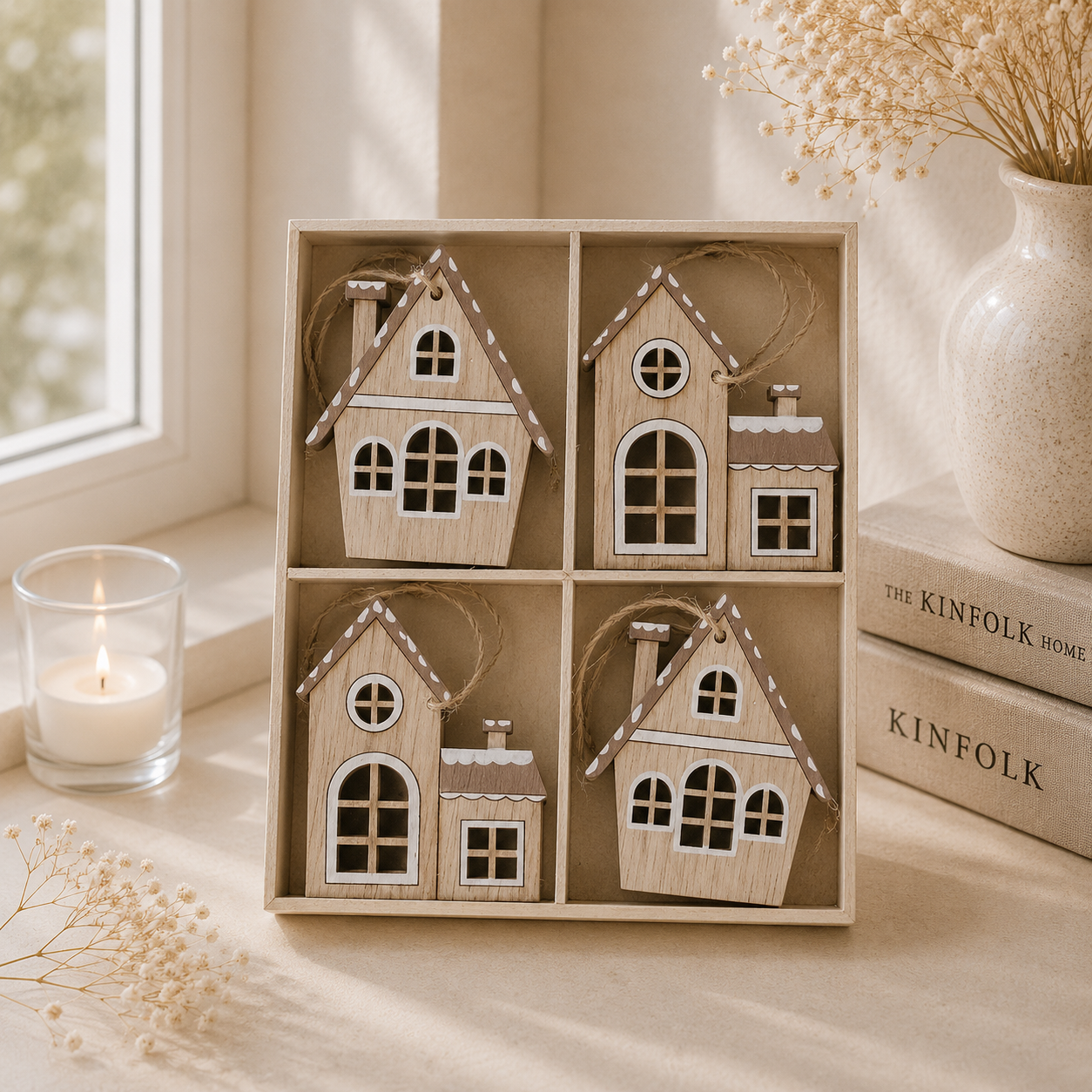 Dřevěné domečky na zavěšení 5,7 cm - set 8 ks