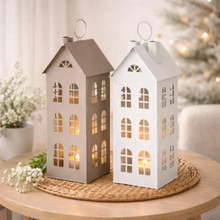 Kovová lucerna "Domek" - bílá/béžová 36 cm