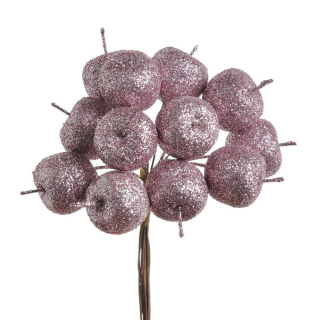 Dekorační jablíčka svazek 12 ks - starorůžová se třpytkami